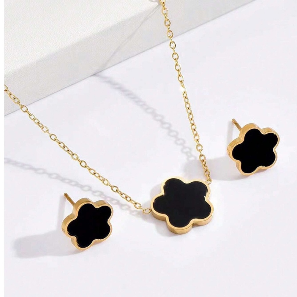 Floral Necklace Earrings Gold Tone Titanium Steel set - Picture 3 of 7